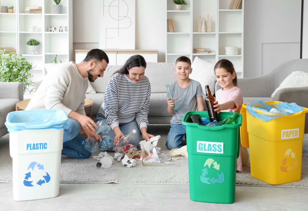 Семья сортирует мусор правильно
